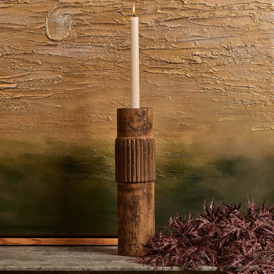 Woods Centre Straight Lines Wooden Candle Holder in Rust - Large