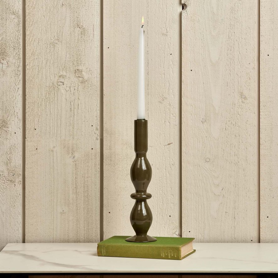 Woods Oval Glass Candle Stick in Green Gold