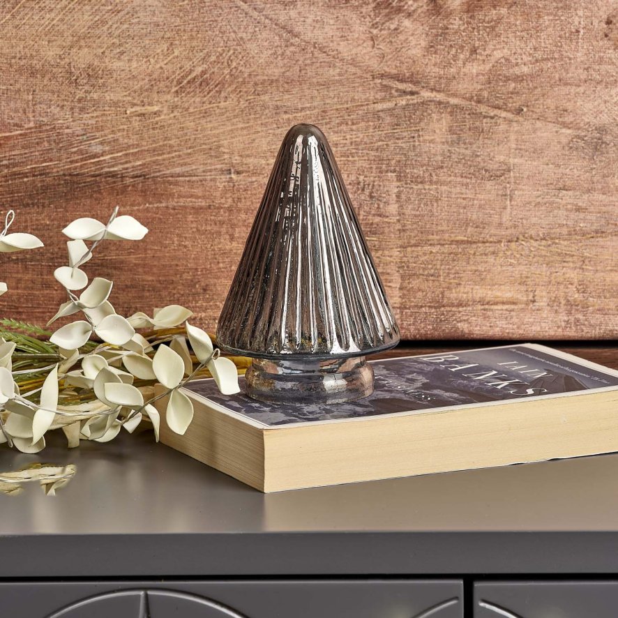 Woods Cone Tree Glass Ornament in Grey Luster