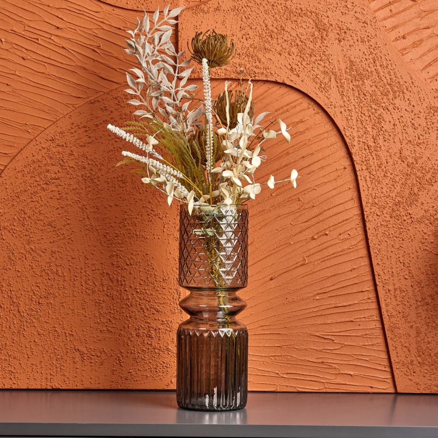 Woods Cut Glass Vase with Diamonds and Lines Design in Luster Grey - Large