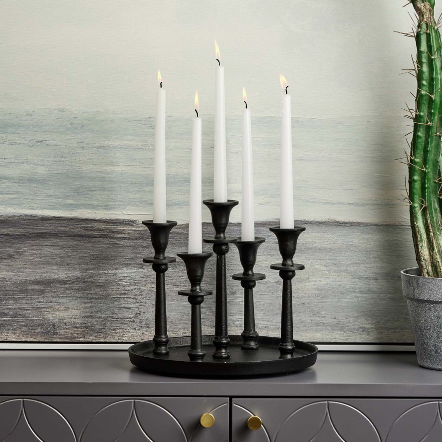 Woods Round Candle Holder Tray with Five Candle Holders in Black