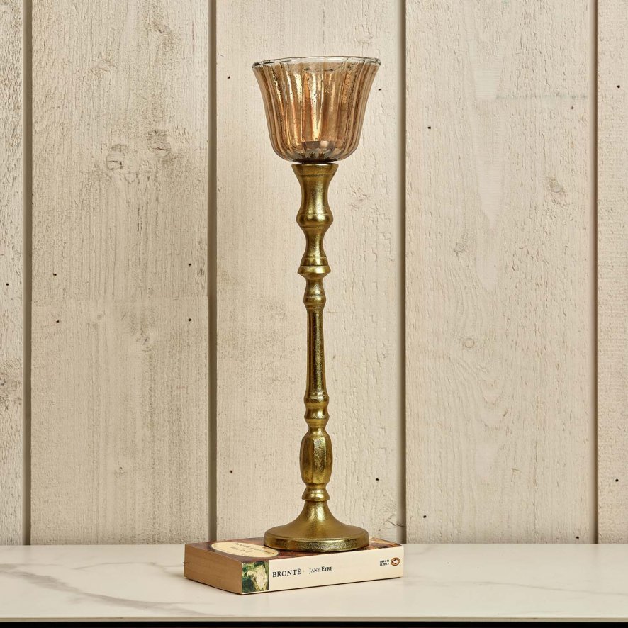 Woods Heptagon Candle Stick in Gold with Removable Lotus Bell Tealight Holder in Brown 37.5cm
