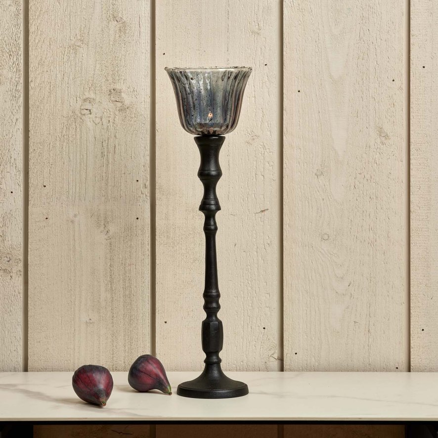 Woods Heptagon Candle Stick in Black with Removable Lotus Bell Tealight Holder in Grey 37.5cm