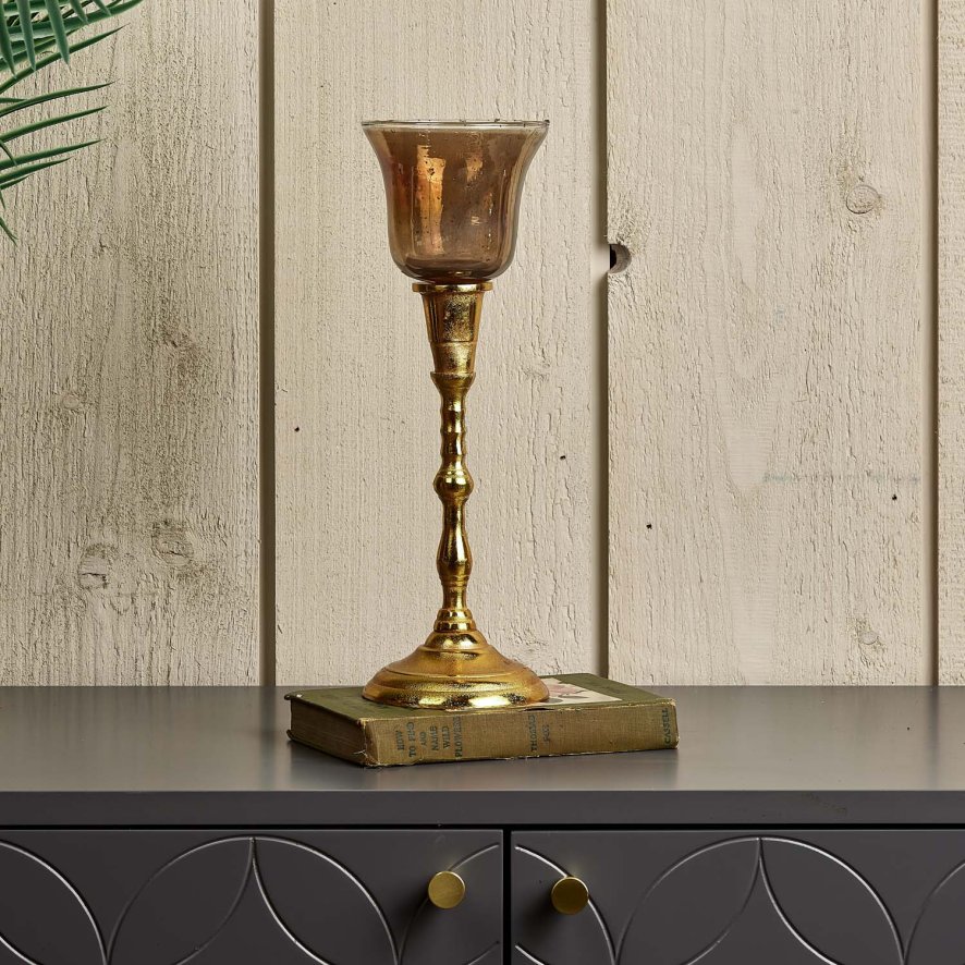 Woods Candle Stick in Light Gold with Removable Taper Bell Teaight Holder in Brown