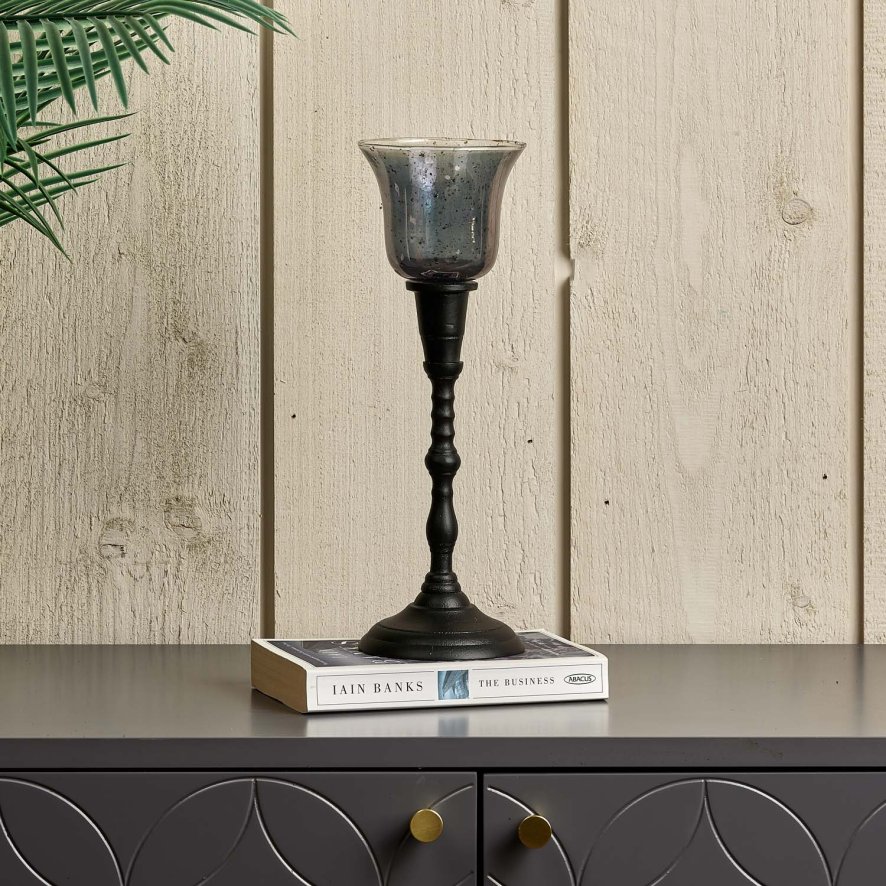 Woods Candle Stick in Black with Removable Taper Bell Teaight Holder in Grey
