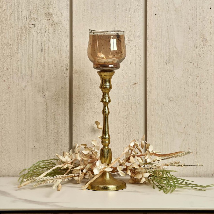 Woods Heptagon Candle Stick in Gold with Removable Chimney Bell Tealight Holder in Brown 29cm