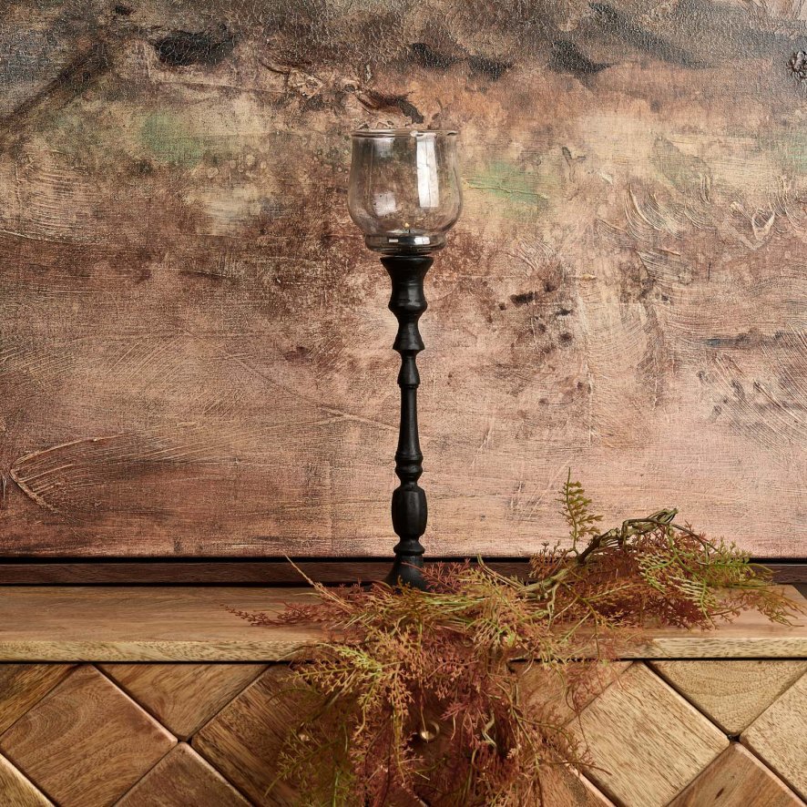 Woods Heptagon Candle Stick in Black with Removable Chimney Bell Tealight Holder in Grey 29cm