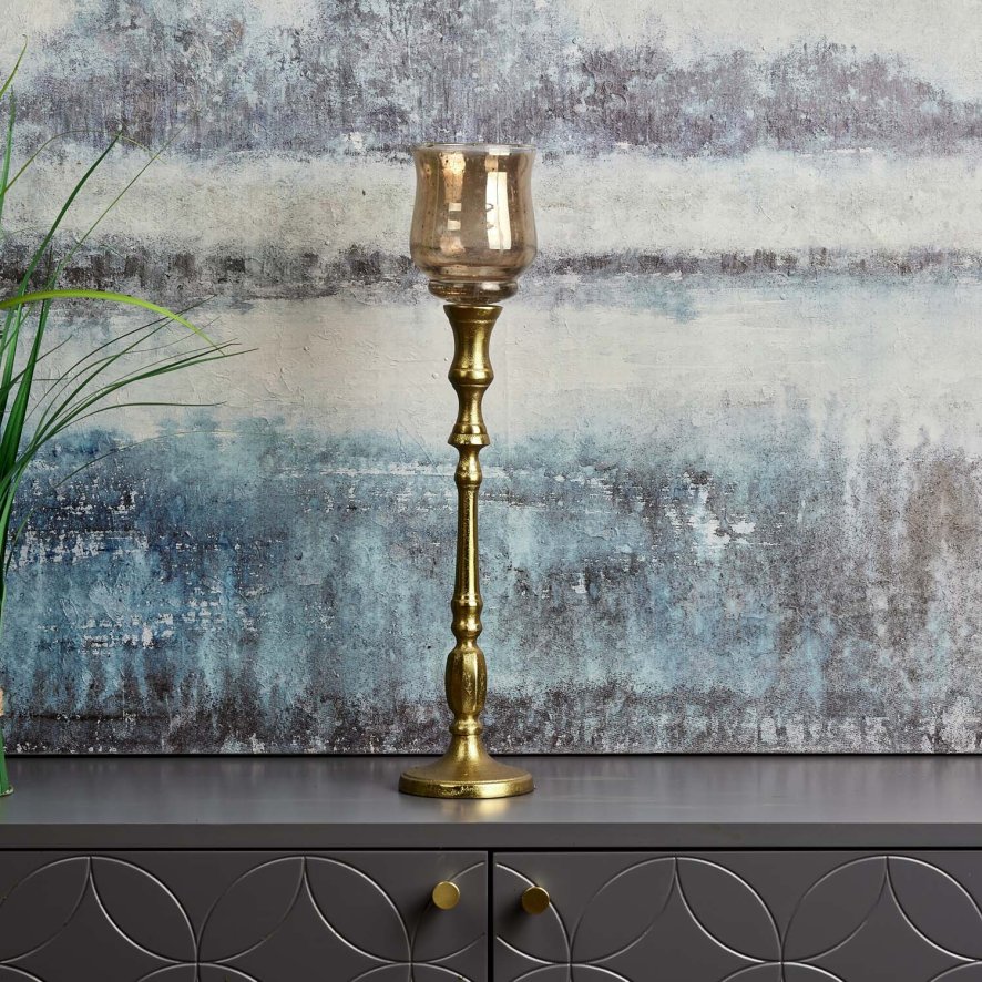 Woods Heptagon Candle Stick in Gold with Removable Chimney Bell Tealight Holder in Brown 37.5cm