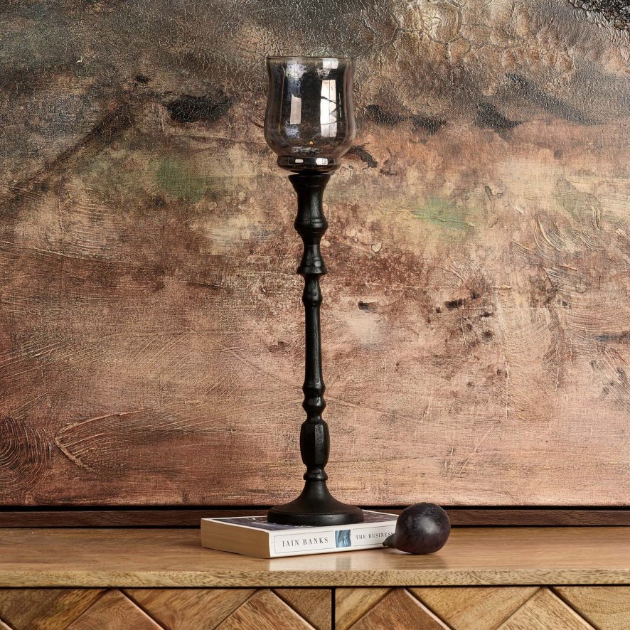 Woods Heptagon Candle Stick in Black with Removable Chimney Bell Tealight Holder in Grey 37.5cm