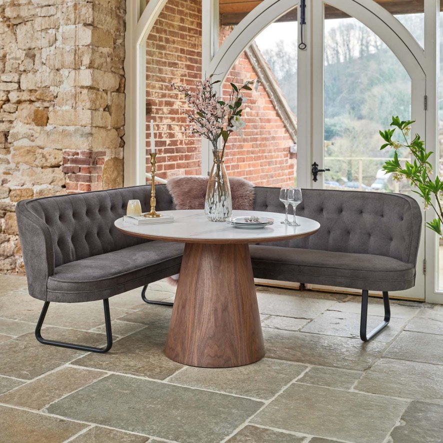 Woods Sutton 120cm Round Dining Table - Walnut with Frampton Corner Bench in Anthracite RHF