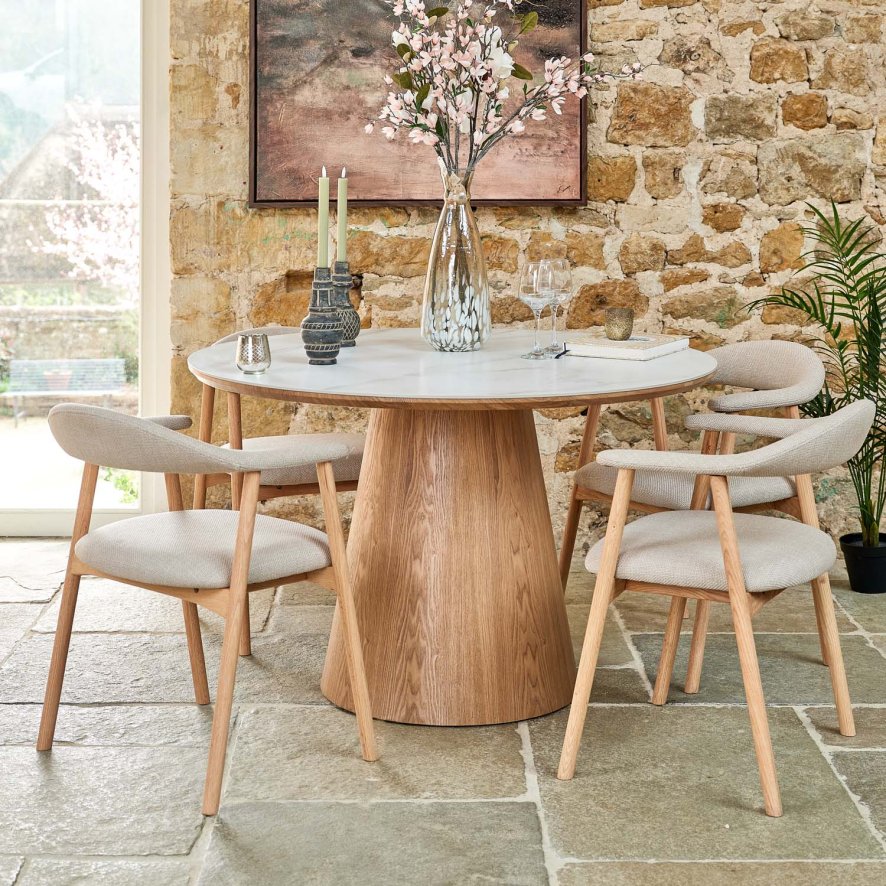 Woods Sutton 120cm Round Dining Table - Ash with 4x Albi Chairs in Beige with Oiled Legs