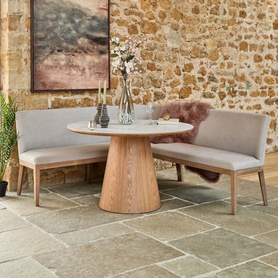 Woods Sutton 120cm Round Dining Table - Ash with Hampton Corner Bench in Grey LHF