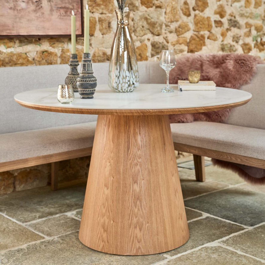 Woods Sutton 120cm Round Dining Table - Ash with Hampton Corner Bench RHF