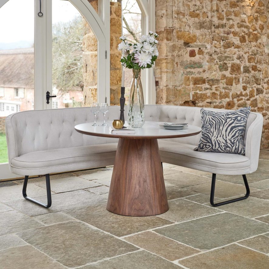 Woods Sutton 120cm Round Dining Table - Walnut with Frampton Corner Bench in White LHF