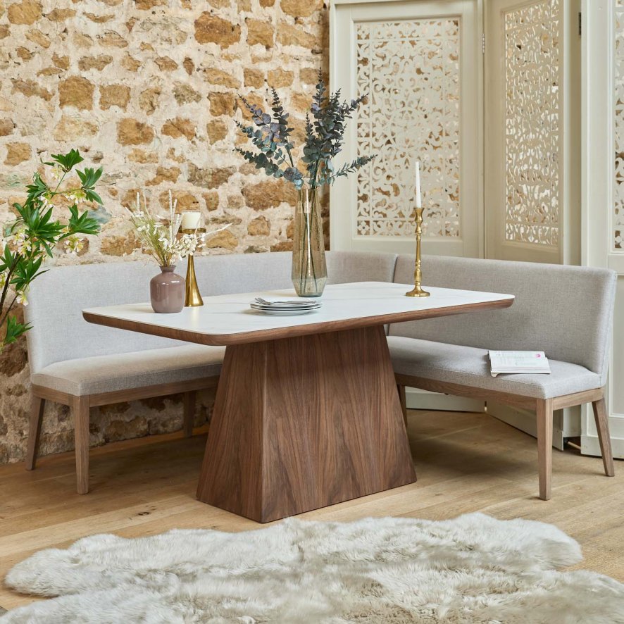 Woods Sutton 160cm Dining Table - Walnut with Hampton Corner Bench in Grey LHF