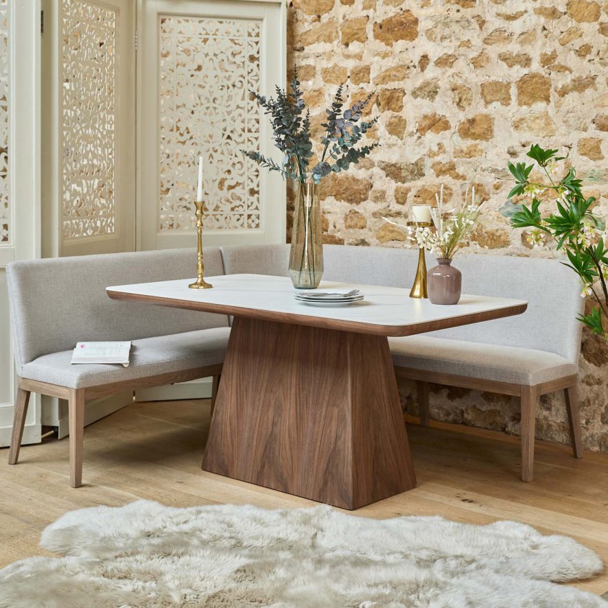 Woods Sutton 160cm Dining Table - Walnut with Hampton Corner Bench in Grey RHF