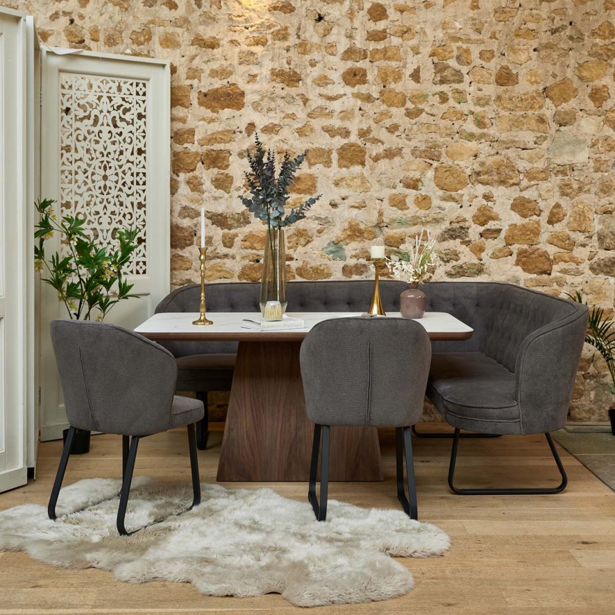 Woods Sutton 160cm Dining Table - Walnut with Frampton Corner Bench LHF & 2x Frampton Chairs in Anthracite