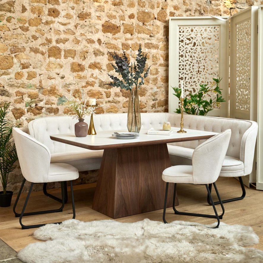 Woods Sutton 160cm Dining Table - Walnut with Frampton Corner Bench LHF & 2x Frampton Chairs in White