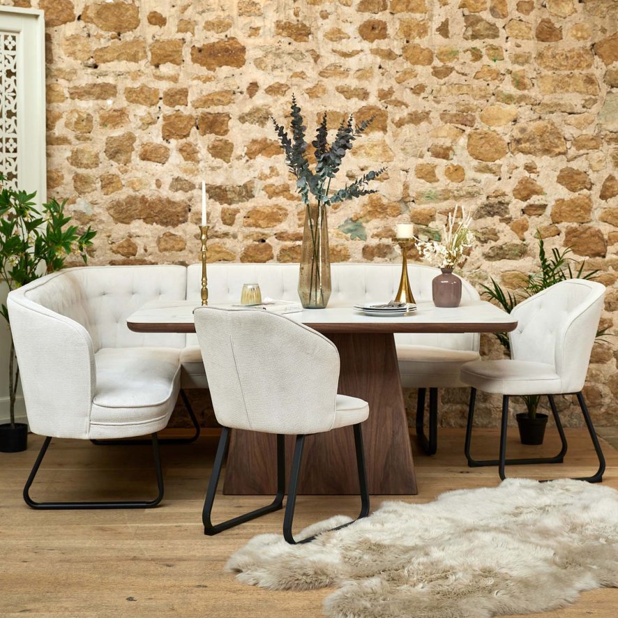 Woods Sutton 160cm Dining Table - Walnut with Frampton Corner Bench RHF & 2x Frampton Chairs in White
