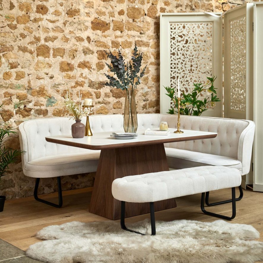 Woods Sutton 160cm Dining Table - Walnut with Frampton Corner Bench LHF & Flat Bench in White