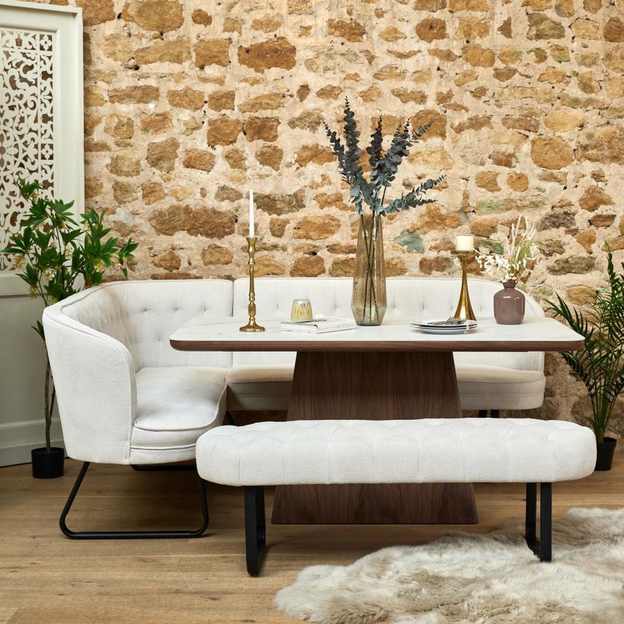 Woods Sutton 160cm Dining Table - Walnut with Frampton Corner Bench RHF & Flat Bench in White