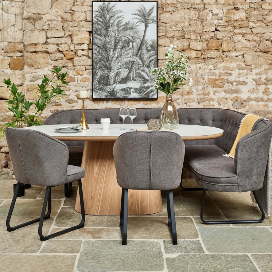 Sutton 200cm Dining Table - Ash with Frampton Corner Bench LHF & 2x Frampton Chairs in Anthracite
