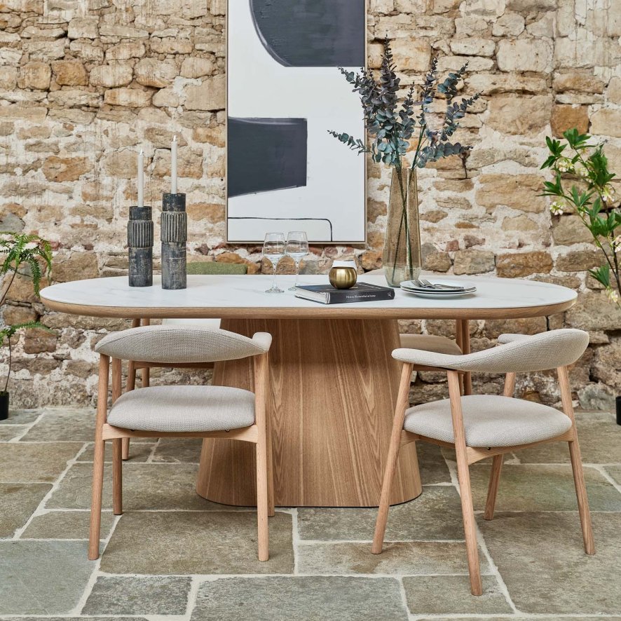 Woods Sutton 200cm Dining Table - Ash with 4x Albi Chairs in Beige with Oiled Oak Legs