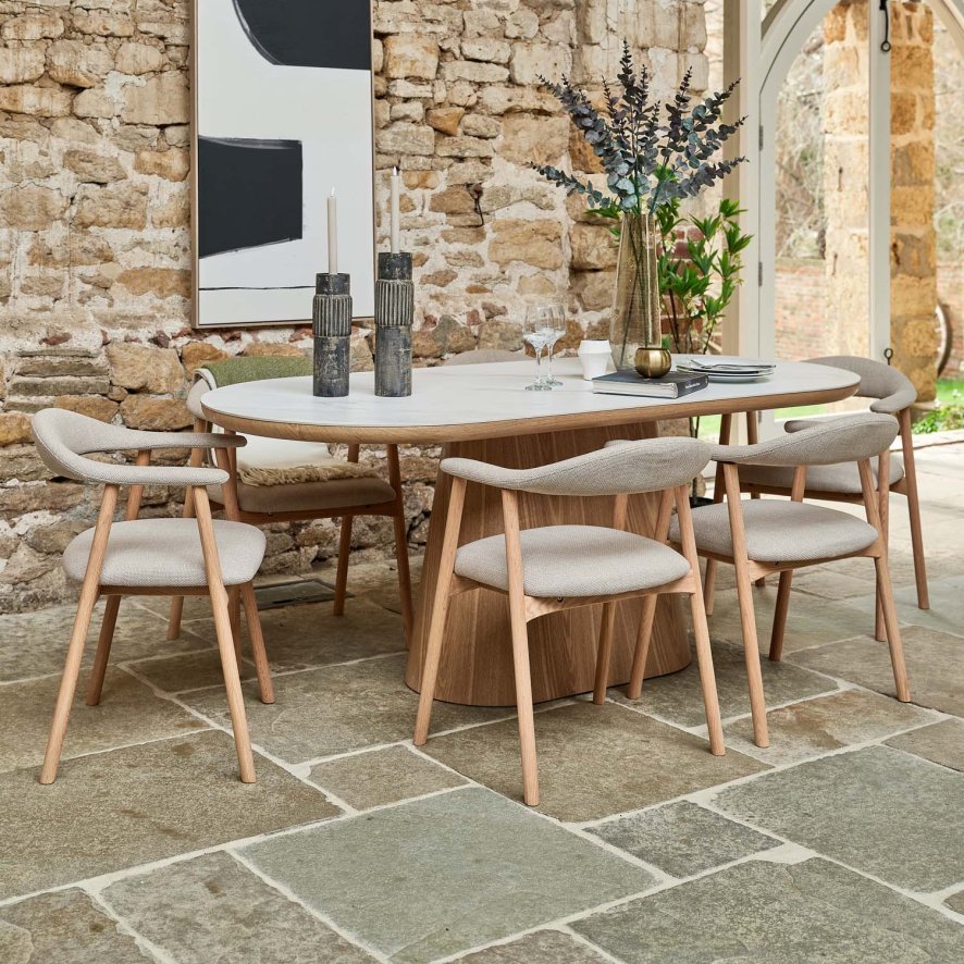 Woods Sutton 200cm Dining Table - Ash with 6x Albi Chairs in Beige with Oiled Oak Legs