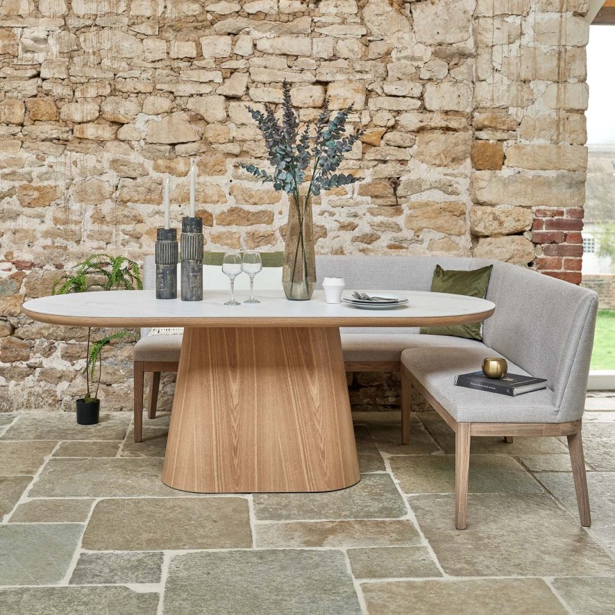 Woods Sutton 200cm Dining Table - Ash with Hampton Corner Bench in Grey LHF