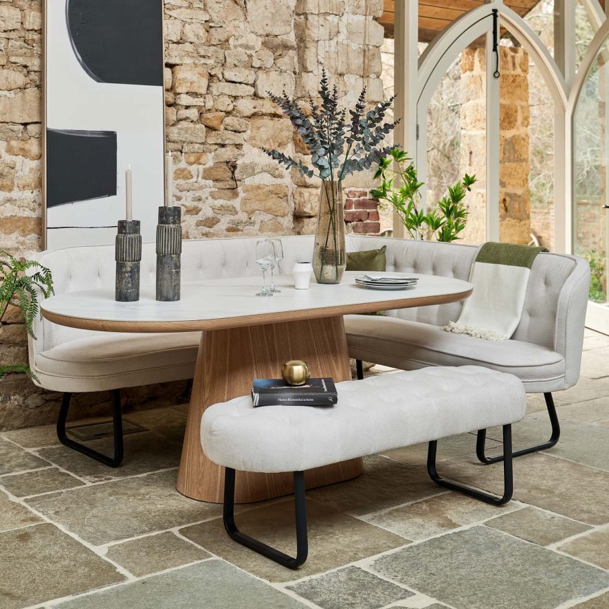 Woods Sutton 200cm Dining Table - Ash with Frampton Corner Bench LHF & Flat Bench in White