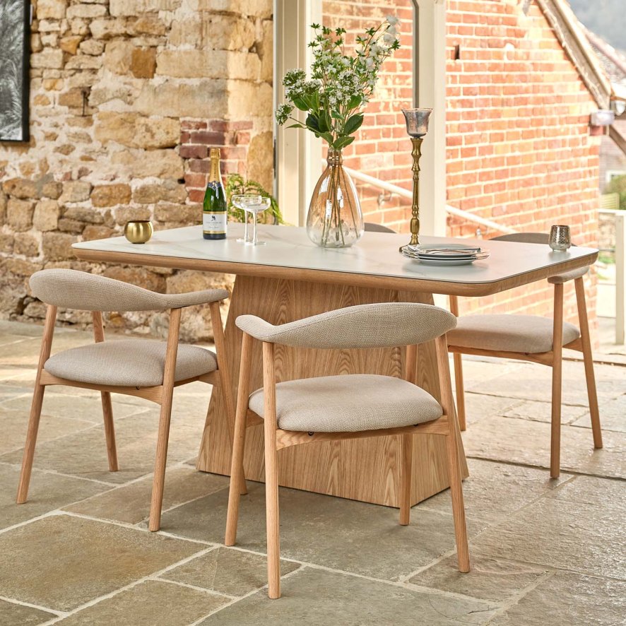 Woods Sutton 160cm Dining Table - Ash with 4x Albi Chairs in Beige with Oiled Oak Legs