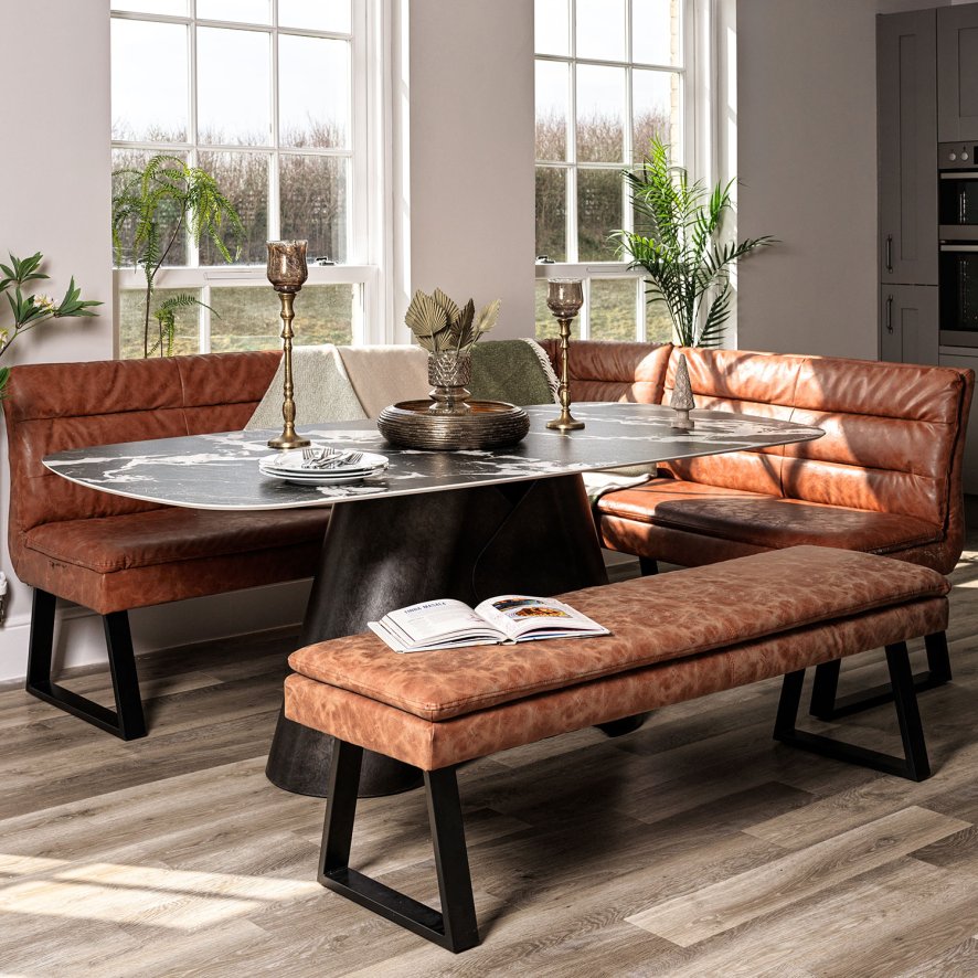 Woods Madjeston Dining Table 200cm with Industrial Corner Bench and 158cm Low Bench in Tan