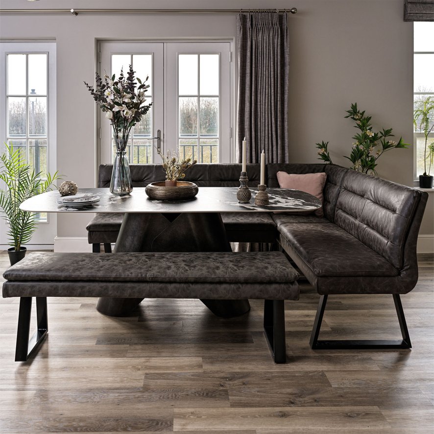 Woods Madjeston Dining Table 200cm with Industrial Corner Bench and 158cm Low Bench in Grey
