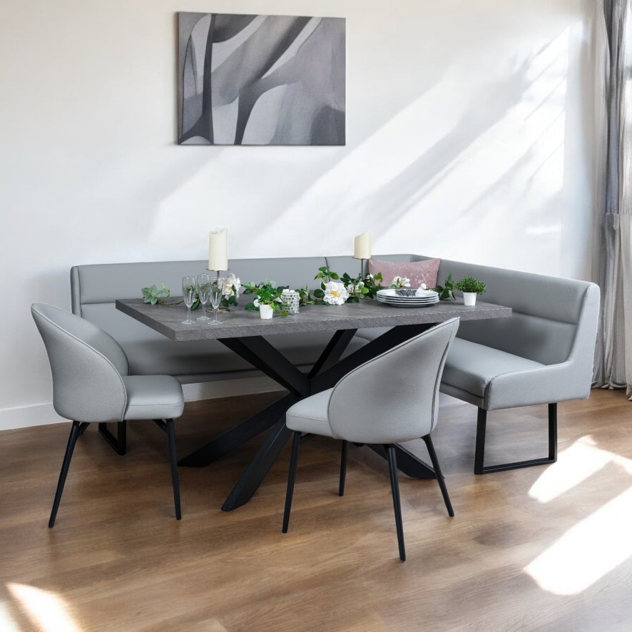 Woods Jupiter 180cm Dining Table & LHF Corner Bench with 2 Dining Chairs in Light Grey