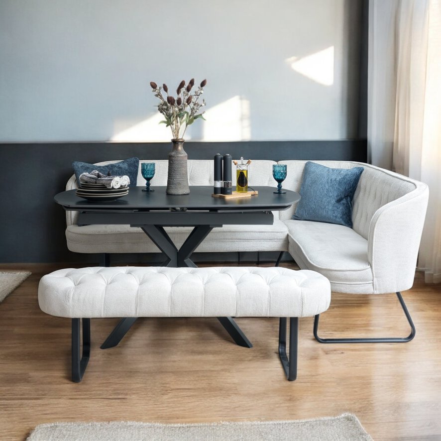 Woods Toscana Motion Table Black with LHF Frampton Corner Bench and Low Bench in White