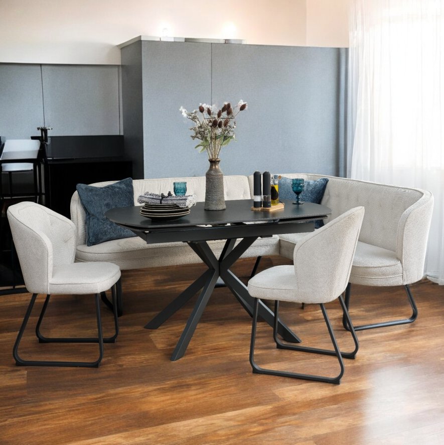 Woods Toscana Motion Table Black with LHF Frampton Corner Bench and 2 Dining Chairs in White
