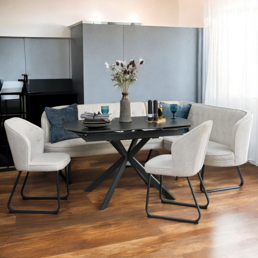 Woods Toscana Motion Table Black with LHF Frampton Corner Bench and 2 Dining Chairs in White