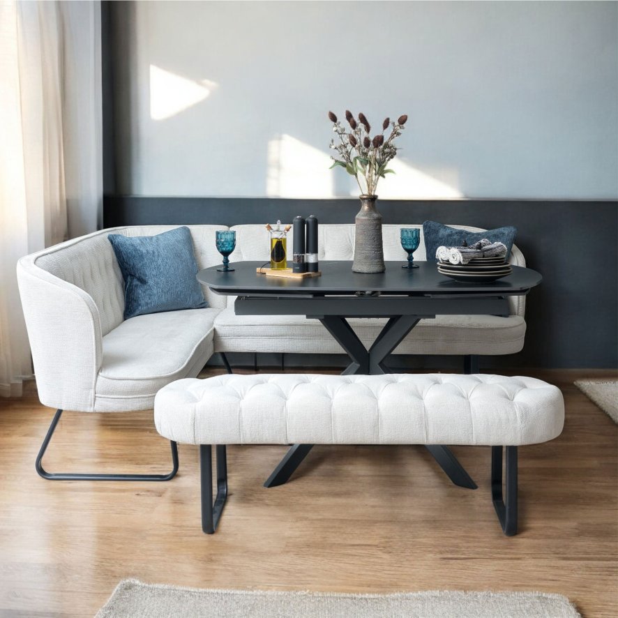 Woods Toscana Motion Table Black with RHF Frampton Corner Bench and Low Bench in White