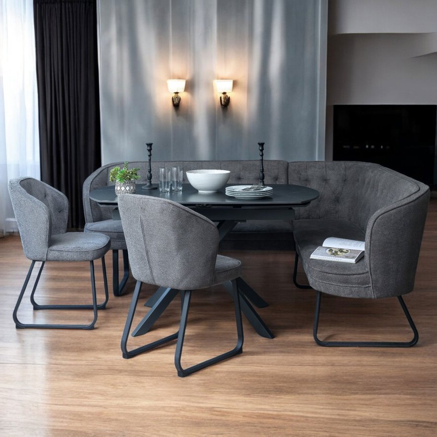 Woods Toscana Motion Table Black with LHF Frampton Corner Bench and 2 Dining Chairs in Anthracite