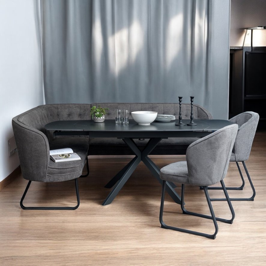 Woods Toscana Motion Table Black with RHF Frampton Corner Bench and 2 Dining Chairs in Anthracite