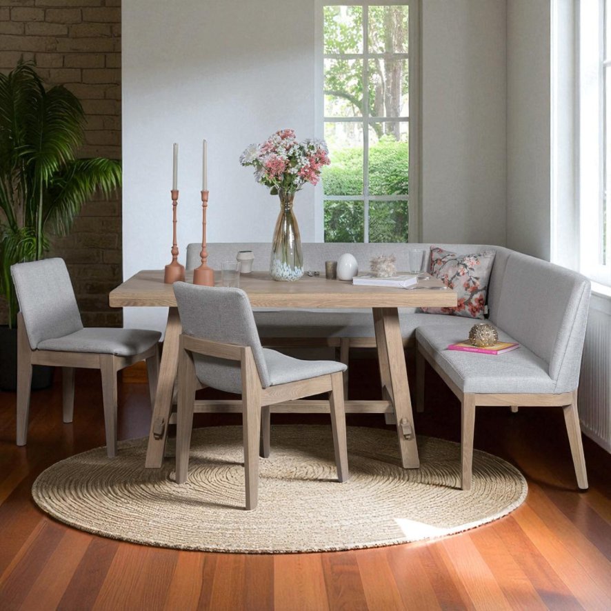Woods Hampton 150cm Dining Table & Hampton Corner Bench LHF with 2x Chairs in Grey