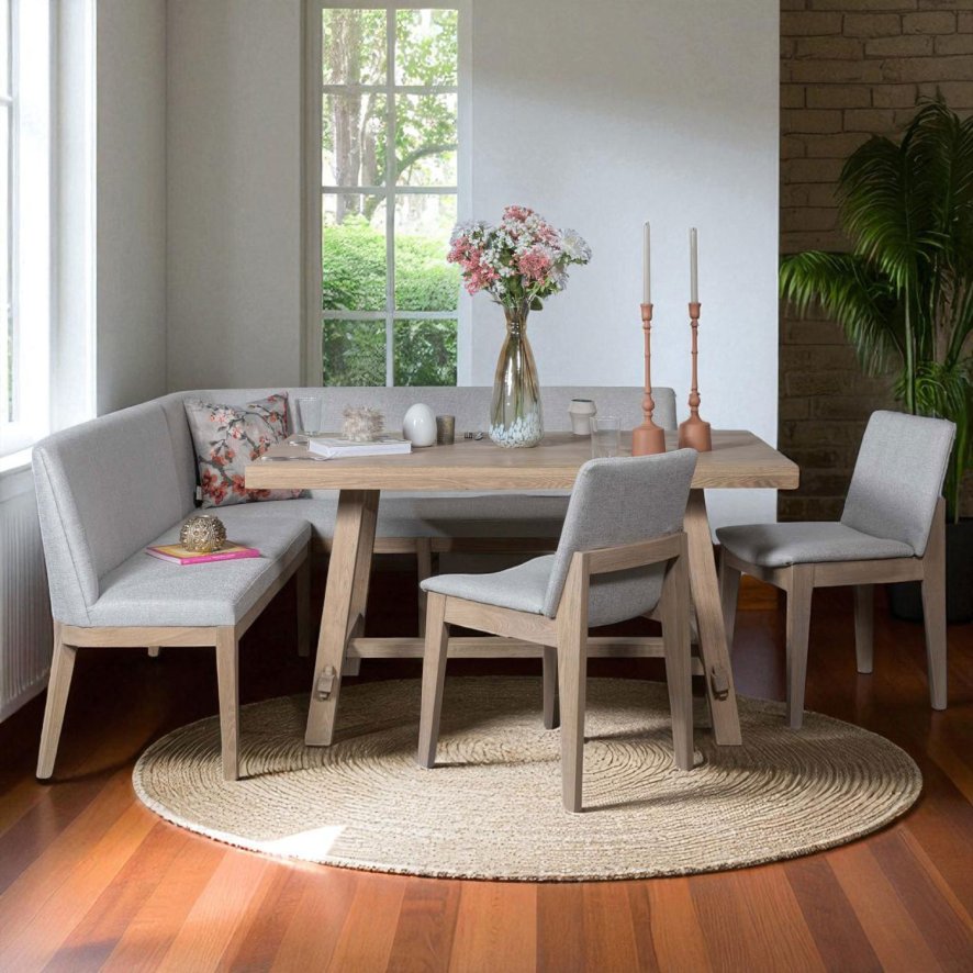 Woods Hampton 150cm Dining Table & Hampton Corner Bench RHF with 2x Chairs in Grey