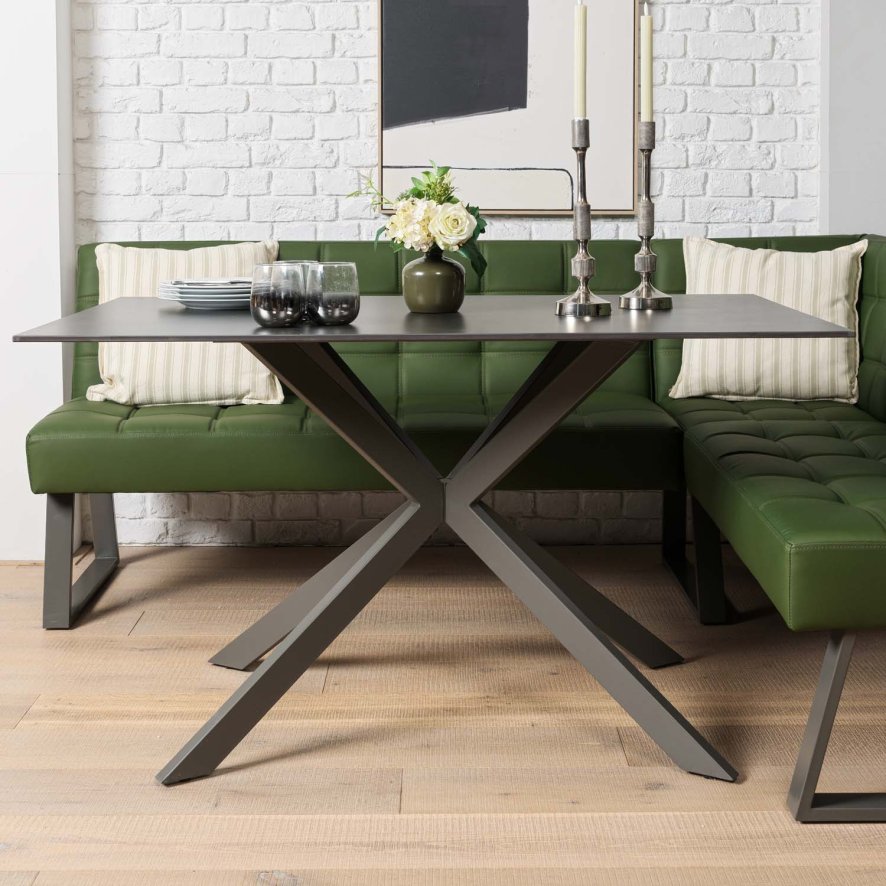 Saturn 135cm Dining Table Dark Grey & Rubix Corner Bench in Olive Green