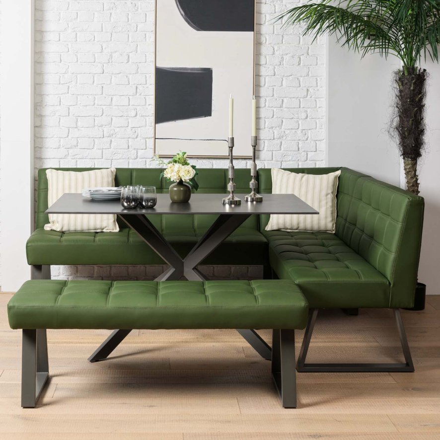 Saturn 135cm Dining Table Dark Grey & Rubix Corner Bench in Olive Green