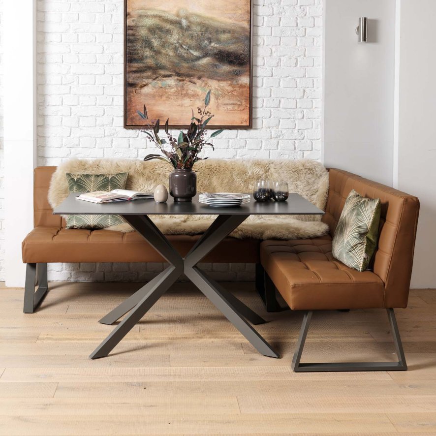 Saturn 135cm Dining Table Dark Grey & Rubix Corner Bench in Tan
