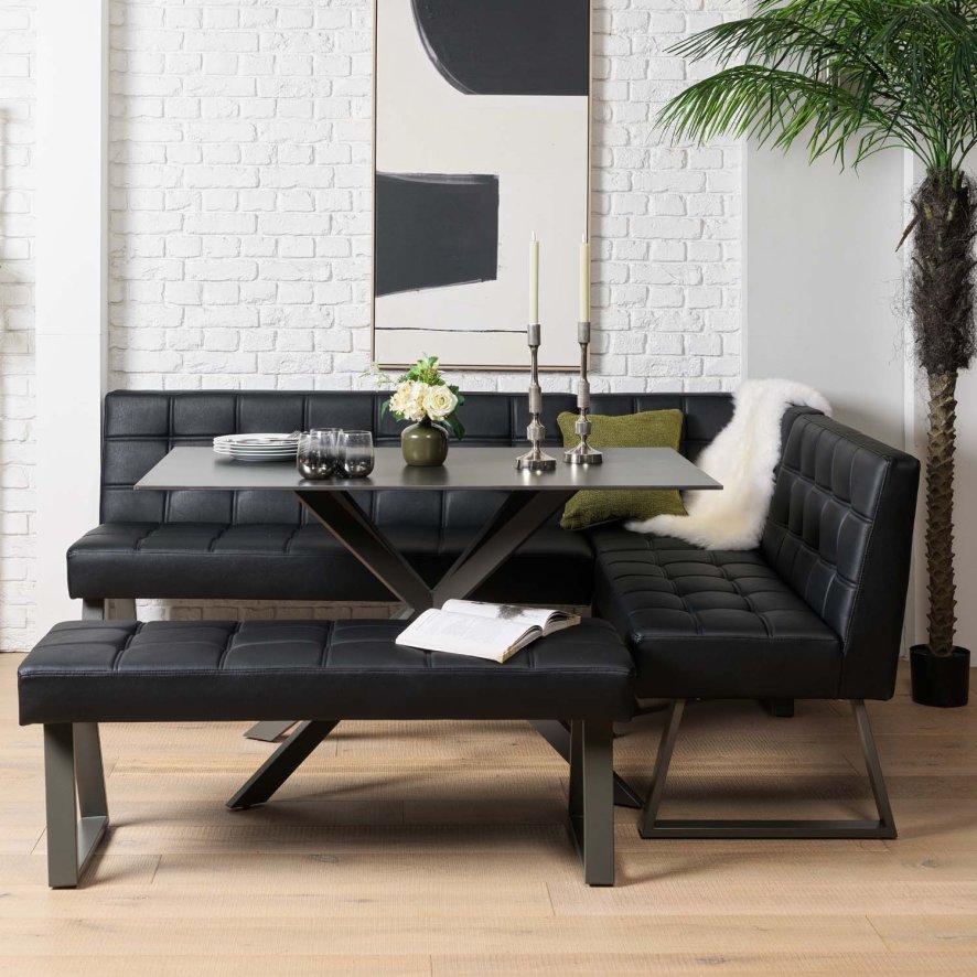 Woods Saturn 135cm Dining Table Dark Grey & Rubix Corner Bench With Low Bench in Black