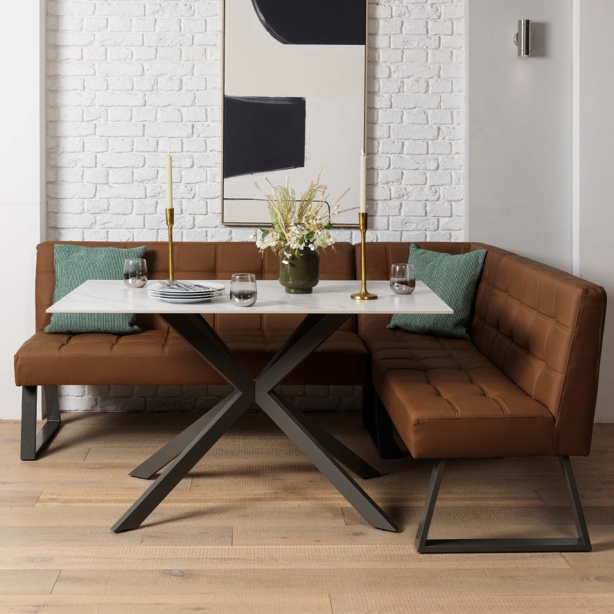 Saturn 135cm Dining Table White & Rubix Corner Bench in Tan