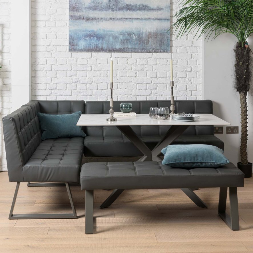 Woods Saturn 135cm Dining Table White & Rubix Corner Bench With Low Bench in Grey