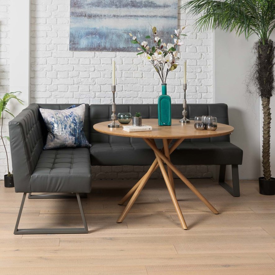 Woods Saturn 120cm Round Dining Table & Rubix Corner Bench in Grey