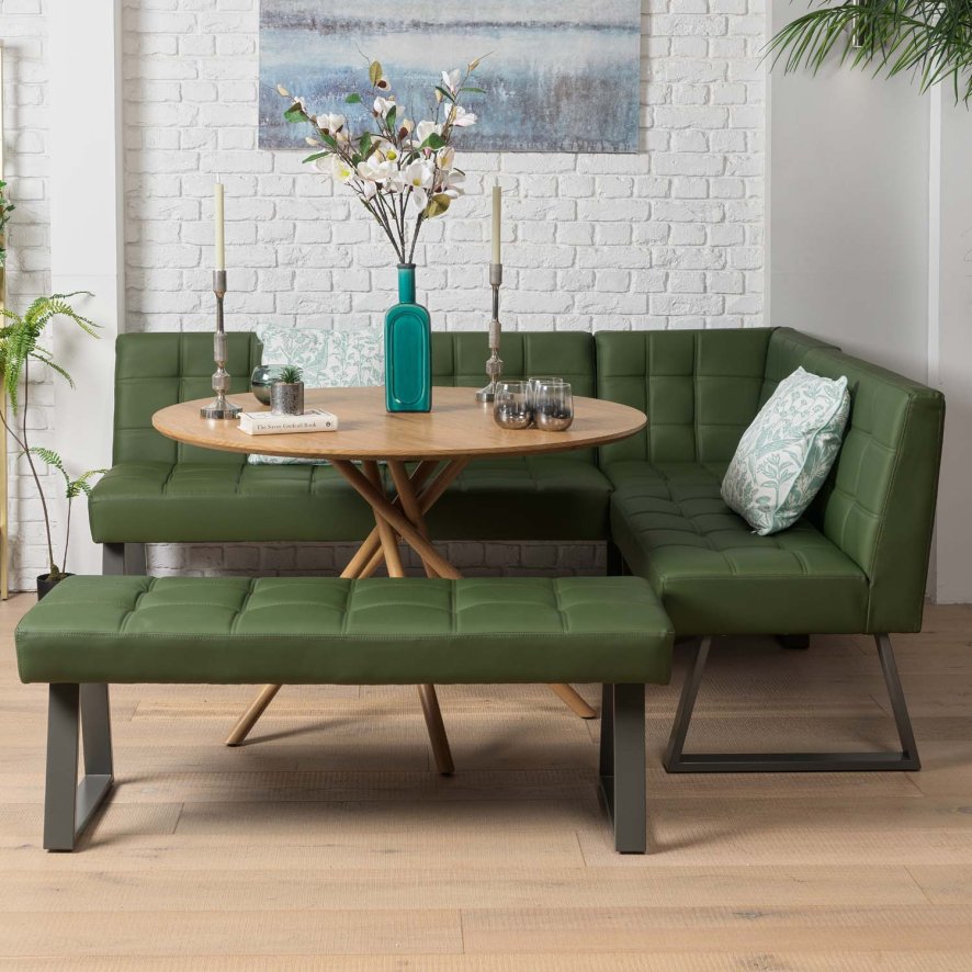 Woods Saturn 120cm Round Dining Table & Rubix Corner Bench With Low Bench in Olive Green